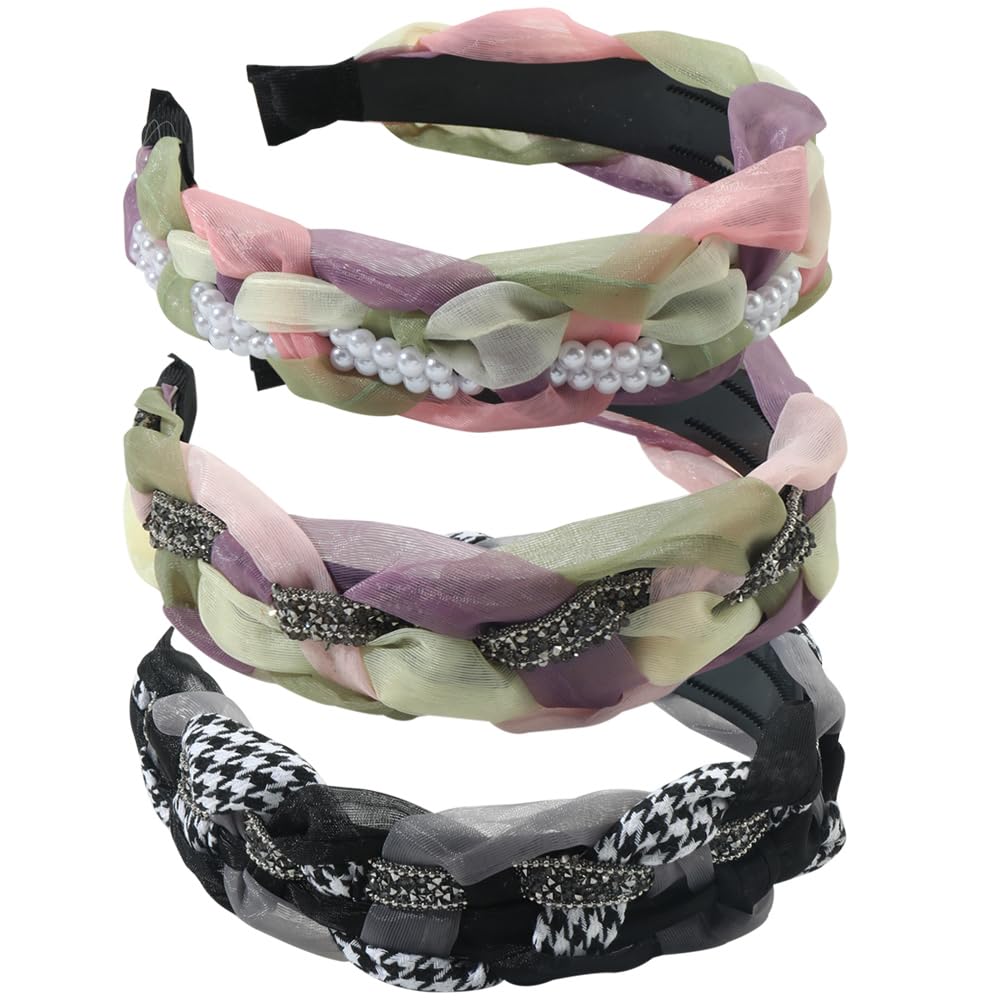 3Pcs Wide Headband French Bow Knot Hair Hoop Fabric Non-Slip Headwear Elastic Twist Hair Accessories Alice Hair Bands for Women (Slik13E)