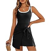 IHOT 2026 Women's Casual Sleeveless Scoop Neck Tank Dress Ribbed Knit Front Tie Waist Vacation Mini Dresses