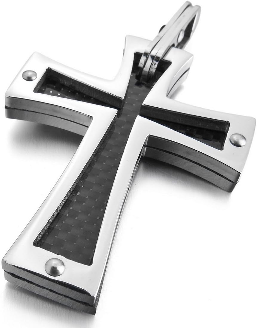 INBLUE Men's Stainless Steel Carbon Fiber Pendant Necklace Silver Tone