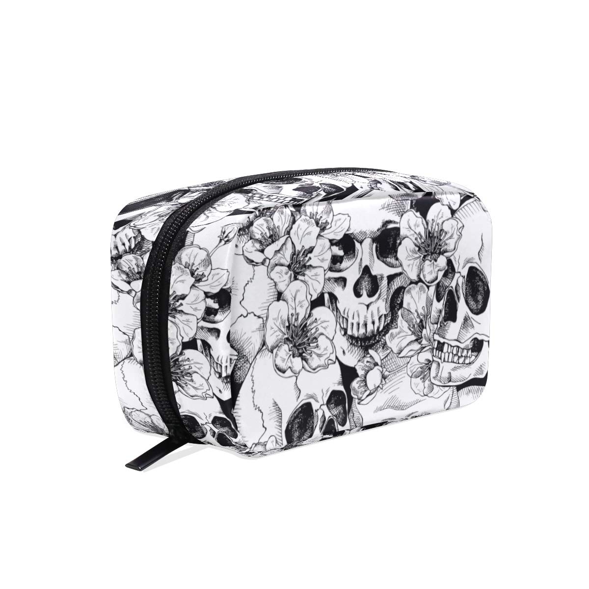 Makeup Pouch Sugar Skull Rose Peony Flower Print Cosmetic Toiletry Bag Storage Large Travel Handle Personalised with Compartments for Teenage Girl Women Lady White Black