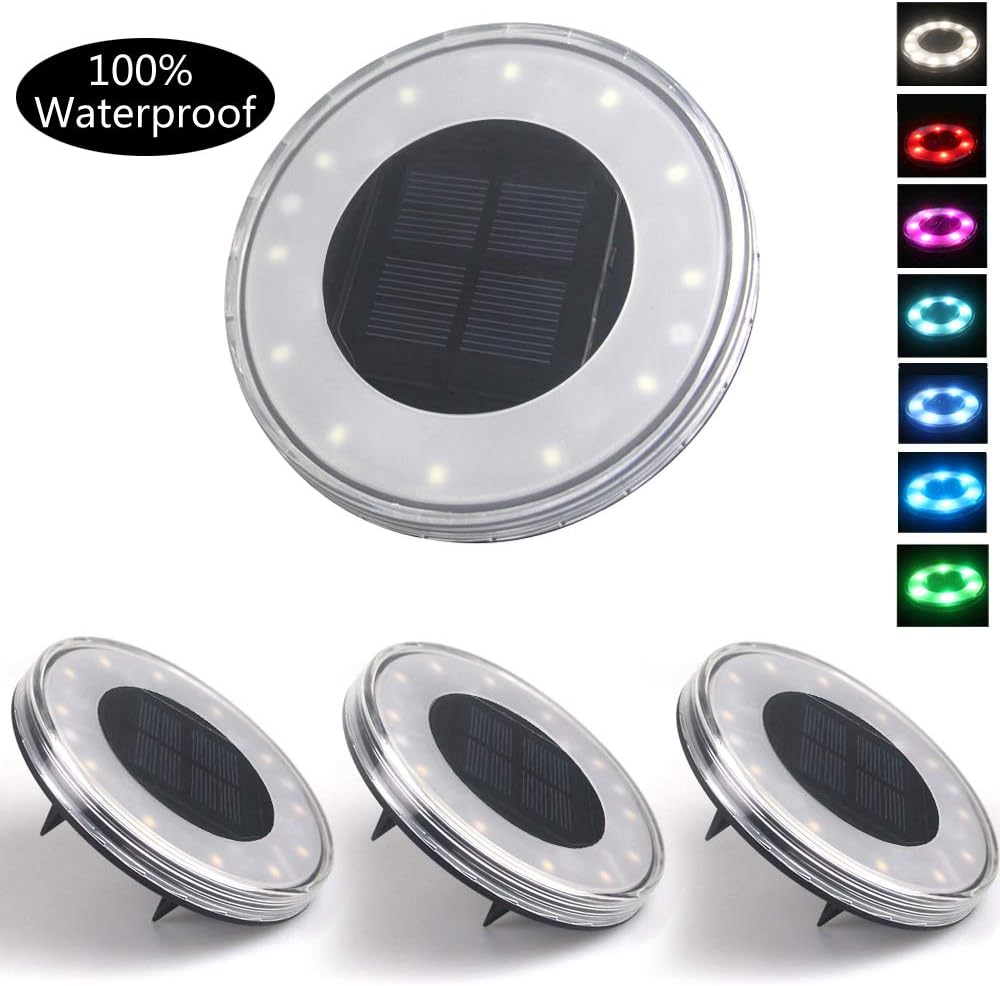 Solar Lights Outdoor, Jorft 4 Pack 18 LED Solar Powered IP67 Waterproof Ground Lamps Landscape Lighting for Lawn Pathway Deck Pond Garden Use Warm White+RGB