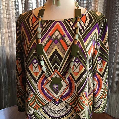 Custom Couture olive green and orange geometric tunic with mathching long green necklace