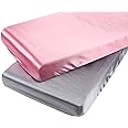 Satin Pack n Play Sheet Set 2 Pack Ultra Soft Silk Fitted Mini Crib Sheets Playard Sheet Protect for Baby Hair and Skin, Grey & Pink