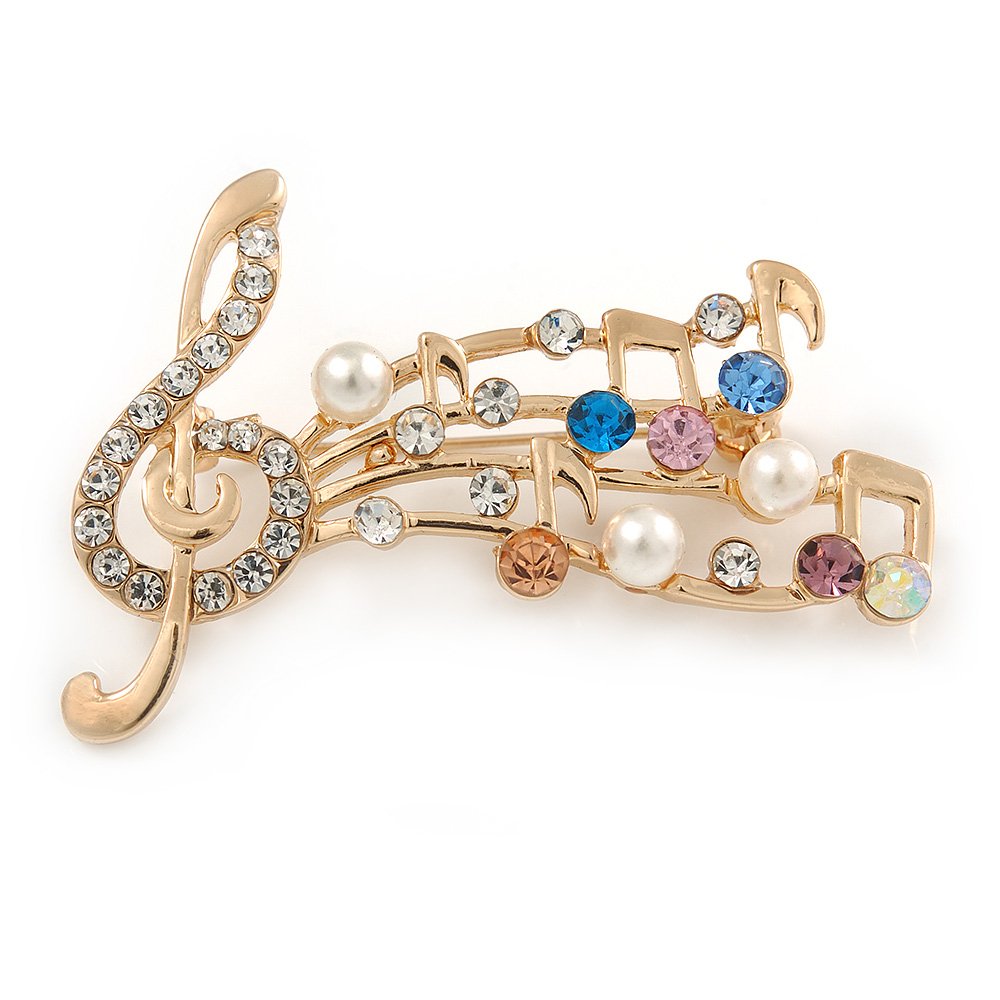 Gold Plated Multicoloured Crystal Musical Notes Brooch - 50mm L