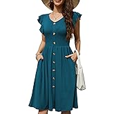 Lamilus Women's 2026 Summer Casual Swing Knee-Length Dress: V-Neck Ruffle Sleeves, Front Button Down with Side Pockets