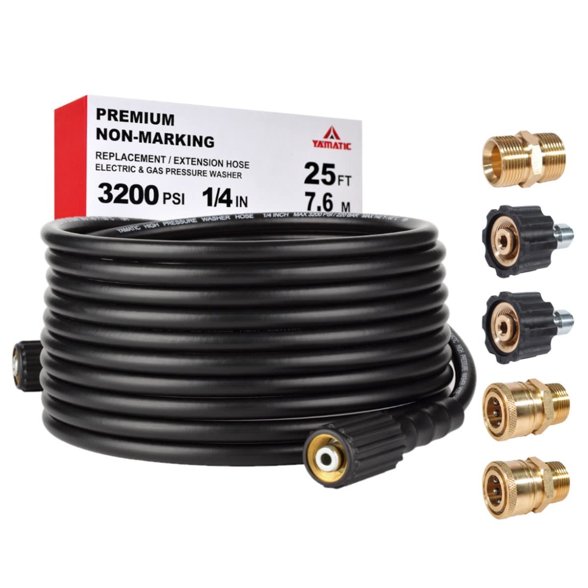 Photo 1 of YAMATIC Kink Resistant Pressure Washer Hose 25FT 1/4" M22 & 3/8" Quick Connect Power Washer Hose Replacement for Ryobi, Troy Bilt, Greenworks, CRAFTSMAN Most Brand Power Washer, 3200 PSI