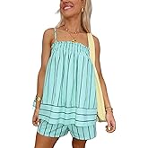 SOOKABEILA Women 2 Piece Lounge Set Sleeveless Striped Cami Peplum Top Boxer Shorts Loose Ruffle Matching Pj Sets Outfits