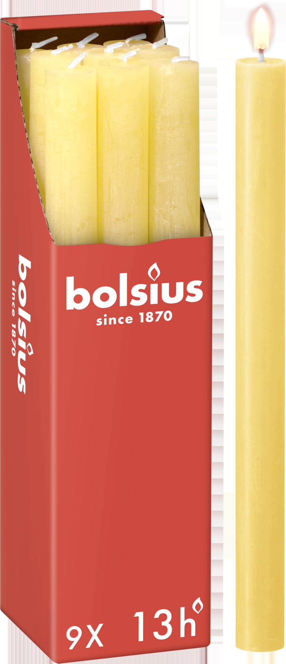 Bolsius Rustic Dinner Candles - Light Yellow - Pack of 9 - Long Burning Time of 13 Hours - Household Candle - Interior Decoration - Unscented - Includes Natural Vegan Wax - 27 x 2.3 cm — image 1