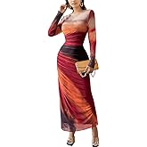Women's Long Sleeve Maxi Dresses Mesh Printed Tie Dye Ruched Bodycon Long Dress Party Cocktail Elegant Outfits