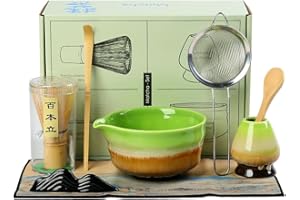 MOCHACHAJU Matcha Set Matcha Whisk Matcha Bowl With Water Ladle Matcha Whisk Holder Tea Making Kit.Japanese Tea Set(7pcs)+1Spoon，green-yellow gift set… (kiln transmutation)