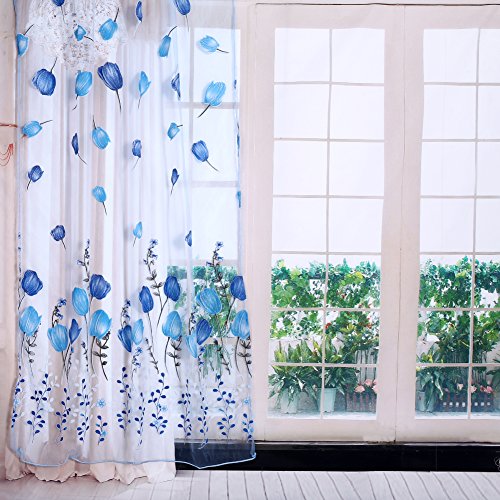 Zerodis 100x200 cm Colorful Tulips Printing Window Curtains Sheer Drape Tulle Draperies for Balcony Living Room Bedroom Kitchen Decorations(Blue)