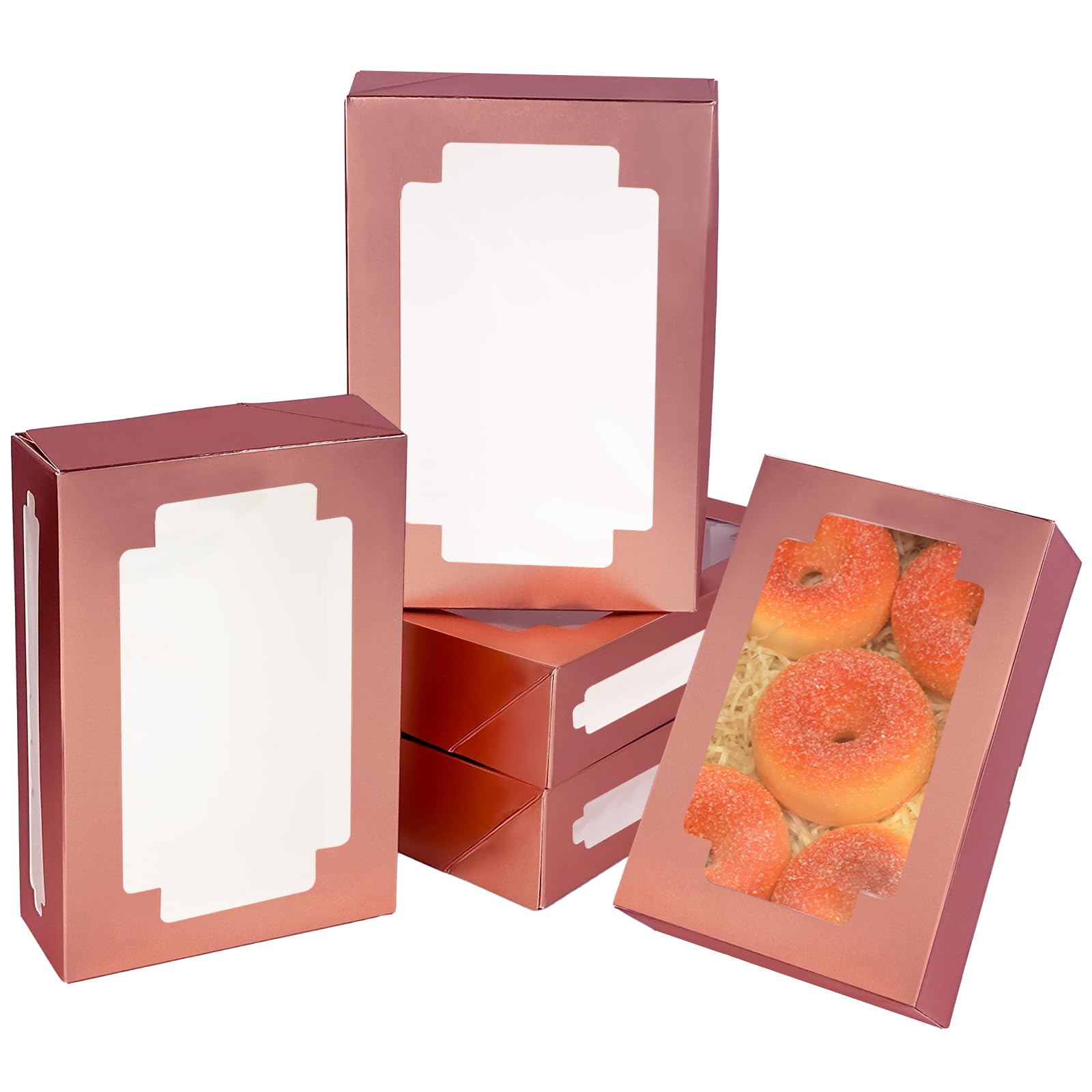 Photo 1 of qiqee Auto-pop Up Rose Gold Cookie Boxes for Gift Giving 8x5.3x2 inch 24Packs Red Green Bakery Box with Window Treat Box for Donuts Candies and Biscuit
