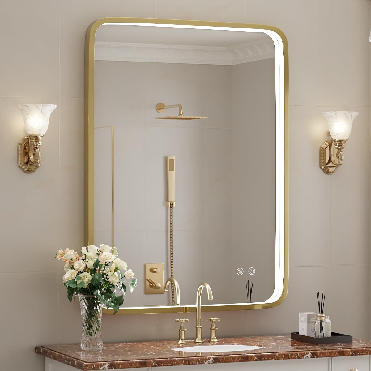 THEIAMO 39.8X 32.3 Inch LED Bathroom Mirror with Lights,Gold Framed ...
