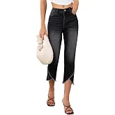 Sidefeel Women's Jeans High Waisted Stretchy Cropped Skinny Jeans Trendy Cross Raw Hem Summer Capri Pants with Pockets