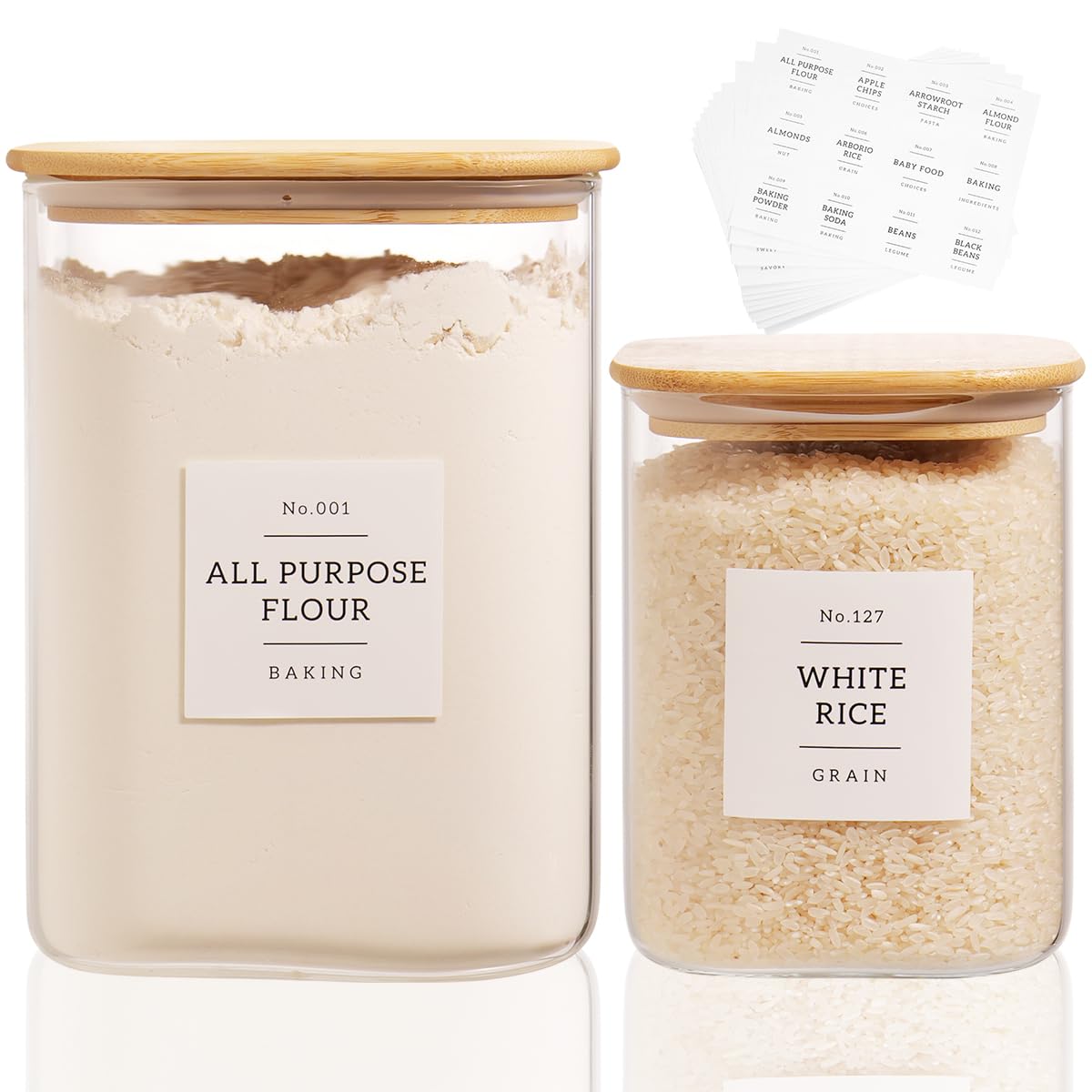 Photo 1 of *PARTIAL SET - Missing the small container*
2 Pack large Square Glass Flour and Sugar Containers with 132 Kitchen Pantry Labels - 110 floz & 51 floz - Glass Jars with Airtight Bamboo Lid - Glass Rice Canisters for Coffee, Pasta, Cookie, Cereal