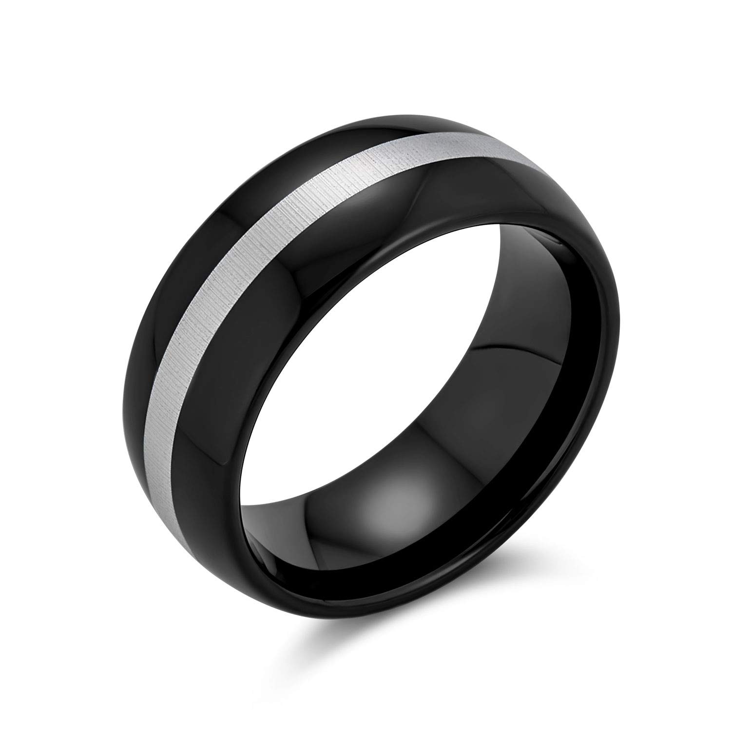 Bling Jewelry Simple Black Grey Inset Stripe Couples Titanium Wedding Band Ring For Men For Women Comfort Fit 8MM