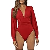 WDIRARA Women's Deep V Neck Ribbed Bodysuit Long Sleeve Skinny Bodycon Basic Bodysuit Tops