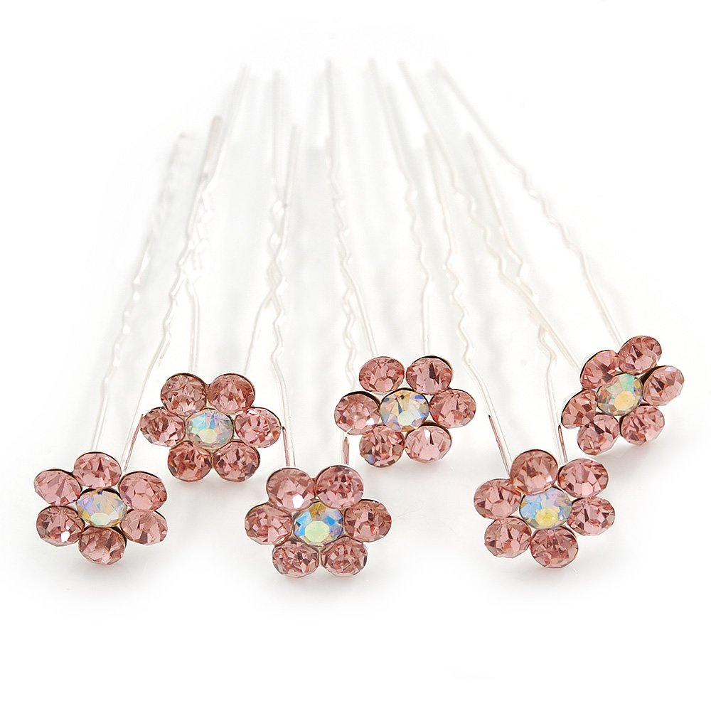 Avalaya Bridal/Wedding/Prom/Party Set of 6 Pink Austrian Crystal Daisy Flower Hair Pins in Silver Tone