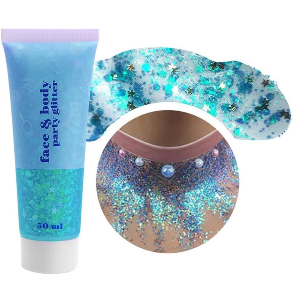 Beliky Girl Body Glitter Gel,50ML Face&Body Gel Shimmer Liquid Eyeshadow,Mermaid Holographic Sequins,Chunky Glitter for Face Hair Nails, New Year, Valentine's Day Festival Rave Accessories(Lake Blue)