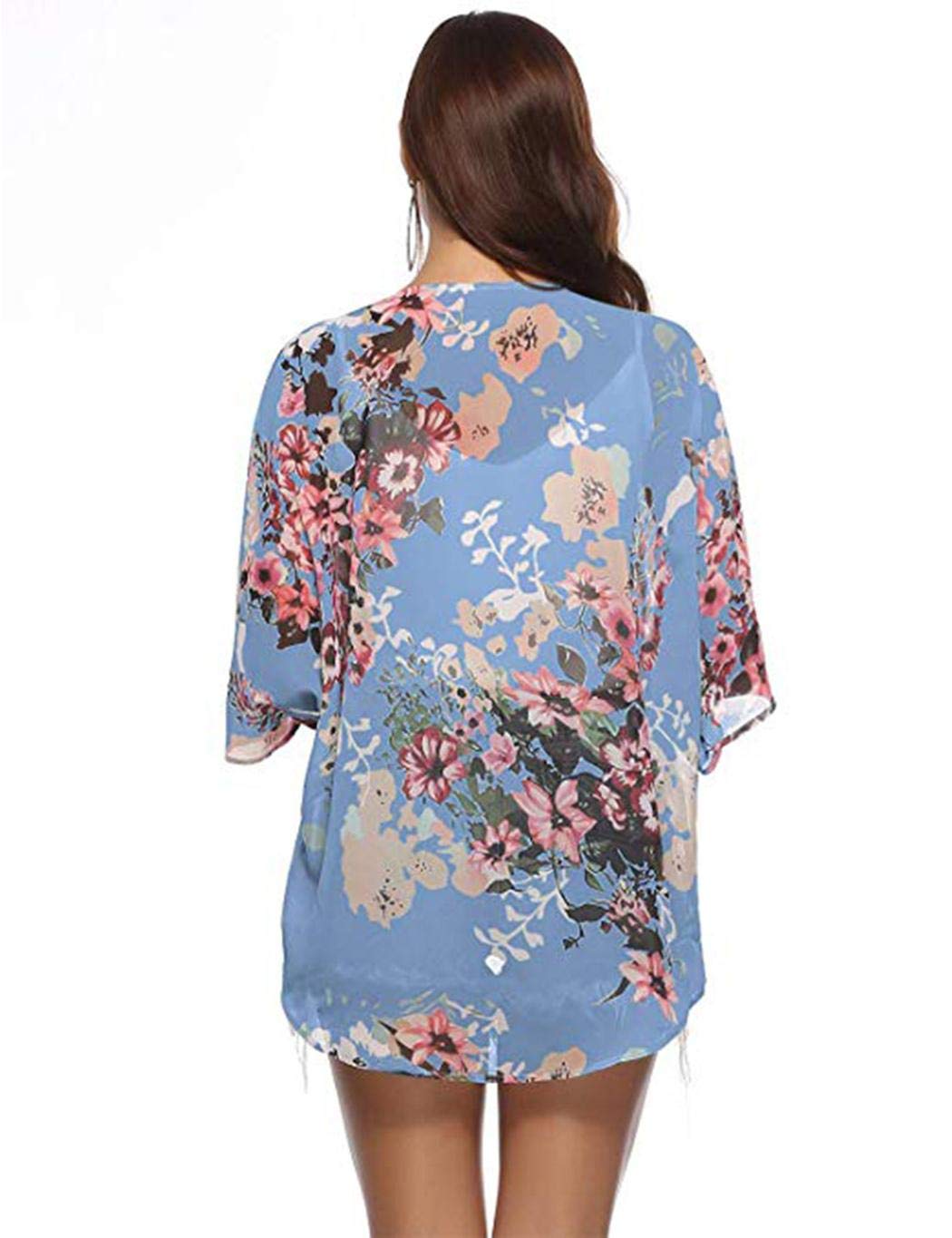 milene88 Women Casual Raglan Sleeve Print Loose Open Stitch Beach Bikini Cover-up Cover-Ups Blue
