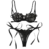 SOLY HUX Women's Lingerie Set Floral Embroidery Mesh Sheer Underwire Bra and Tied Side Thong Underwear Sets