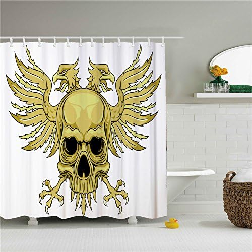 Golden Skull With Two Eagles Head Shower Cutains-Water, Soap, and Mildew resistant Machine Washable 12 Shower Hooks are Included 66" x 72"