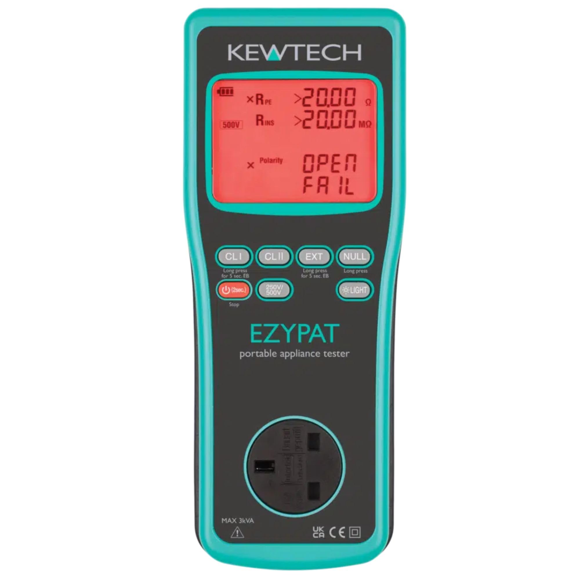 Kewtech EZYPAT Manual PAT Tester PASS/FAIL Display, 250V & 500V Insulation, Substitute Leakage & Extension Lead Test, KEWPAT App Compatible