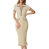 Pink Queen Women's Elegant Bodycon Dress 2026 Short Sleeve V Neck Half Button Cocktail Party Ribbed Knit Long Sweater Dress
