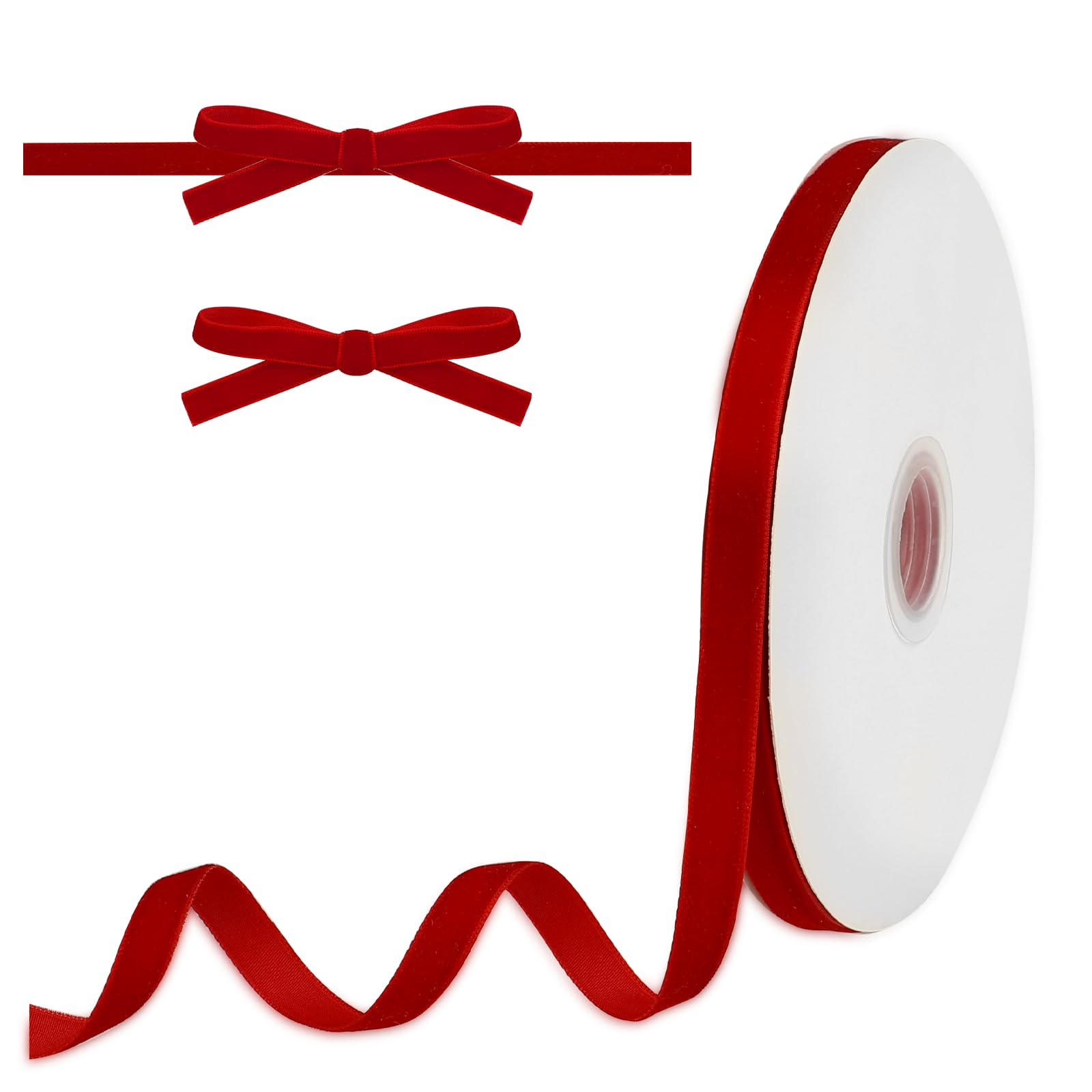 10mm Red Velvet Ribbon 23M Thin Craft Velvet Ribbon for Gift Wrapping, 1cm Vintage Spool Fabric Ribbons for Bow Making Wreath Decoration, 3/8", 25 Yards