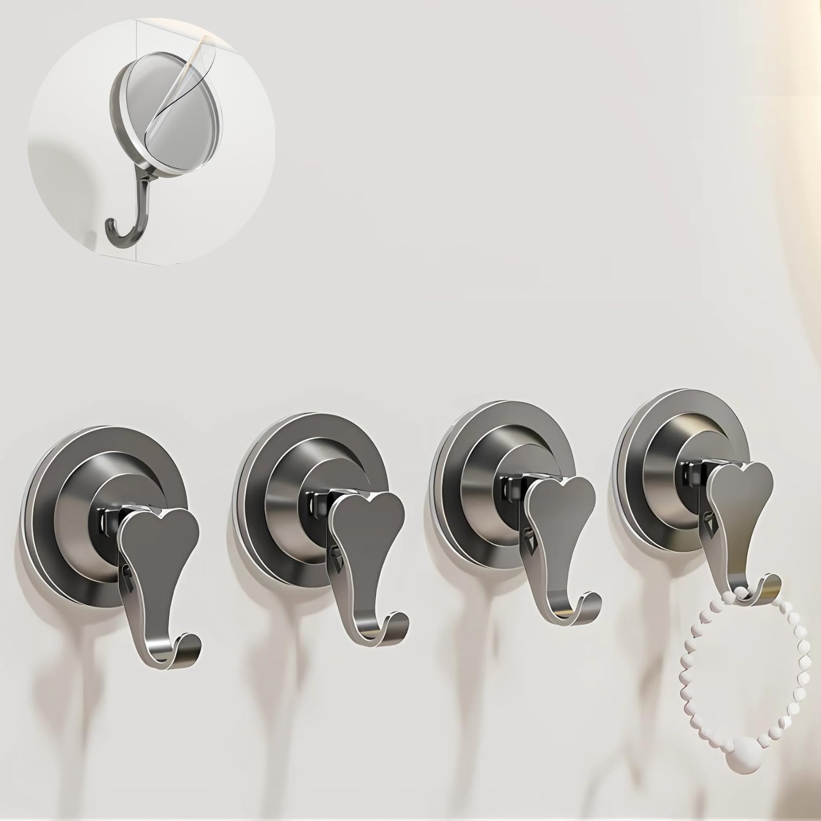 Boxonly Suction Cup Hooks for Shower, Heart Shape for Hanging in Shower, Mounting on Glass, Tile, Mirrors, or Metal Surfaces - Gun Gray (4 Pack)