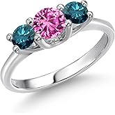 Gem Stone King 14K White Gold Pink Created Sapphire & Blue Diamond 3-Stone Engagement Ring | 1.09 Cttw | Round 5MM and 4MM | 3 Stone Wedding Anniversary Promise Ring For Women
