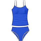 TyeSmo Girls Swimsuit Solid Color Tankini Contrast Trim Swimwear 2 Piece Bathing Suit Padded Swimsuits for Teens 9-16Y