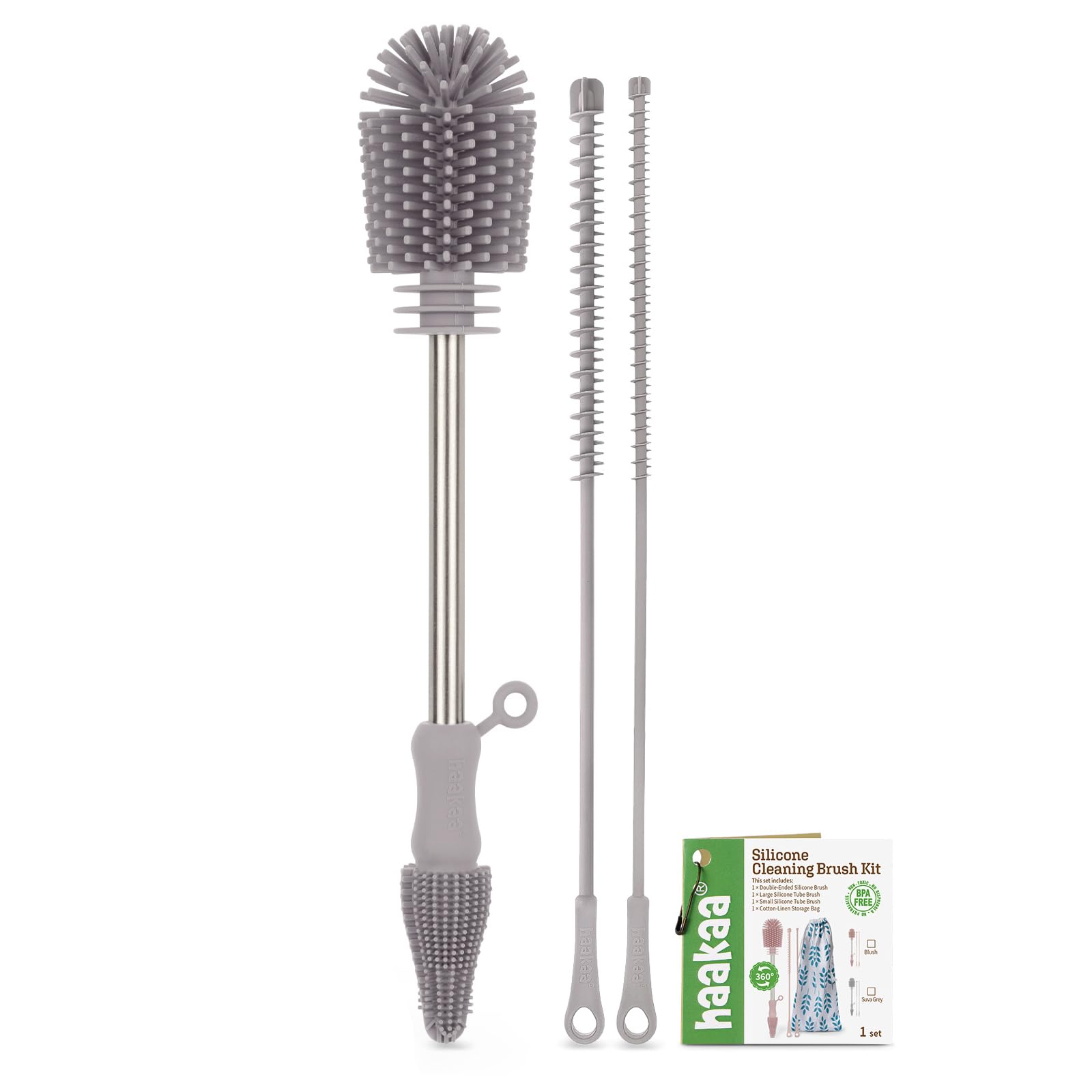 Photo 1 of haakaa Silicone Cleaning Brush Kit - SUVA Grey - Bottle Brush for Breast Pumps, Breast Milk Collector, Baby Bottles, Nipples, Breastmilk Storage Bags
