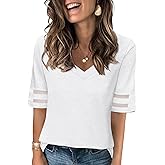 TICTICMISS Women's V Neck T Shirts Mesh Panel Short Sleeve Tops Casual Summer Tees