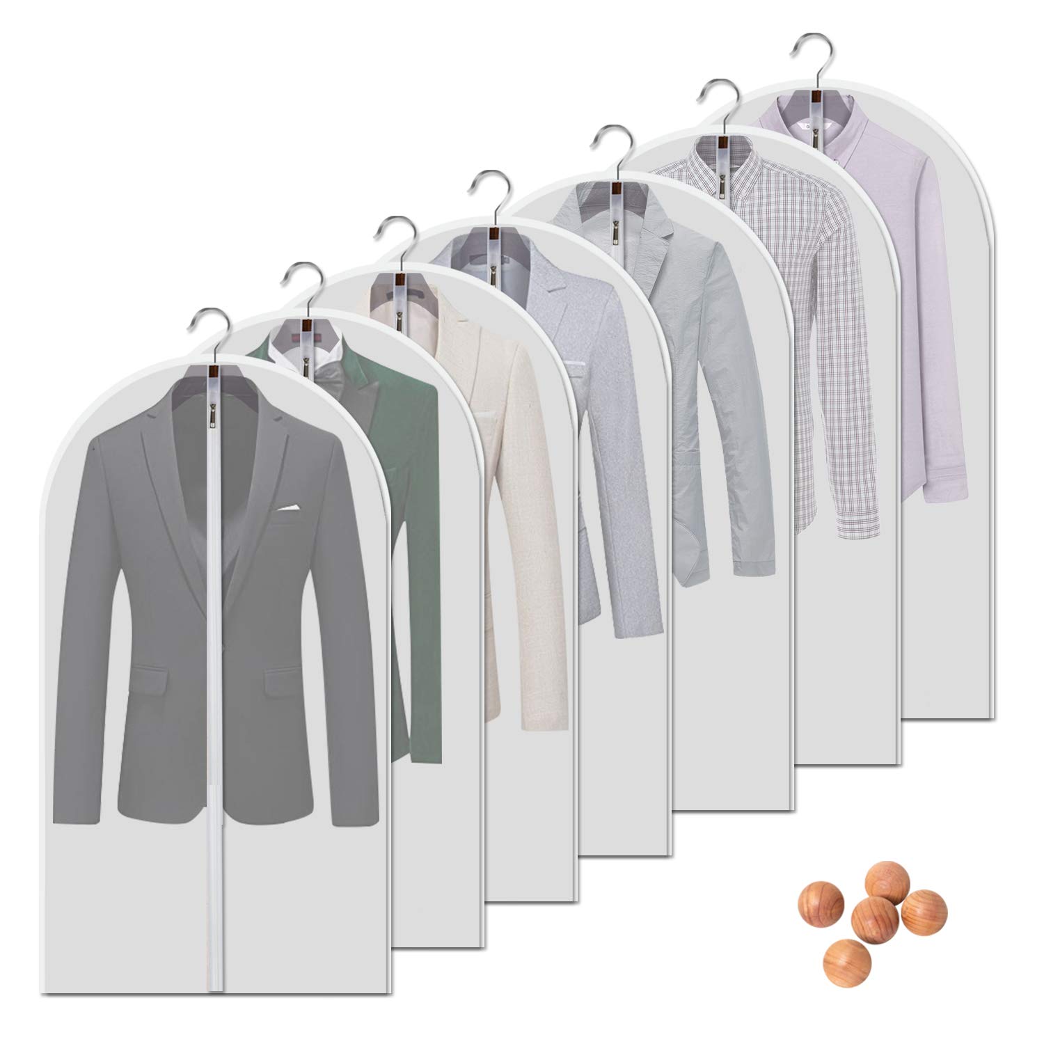 VOSIGREEN Dust Proof Clear Garment Bags 7 Piece Set - 40 Inch Translucent Suit Bags with Full-Length Zipper for Closet Clothes Storage and Travel. Bonus: 5 Natural Cedar Ball.
