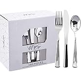 WDF 180 Pieces Silver Plastic Silverware - Silver Plastic Cutlery - Fancy Plastic Silverware Heavy Duty - 60 Forks 60 Knives 60 Spoons - Disposable Plastic Utensils Perfect for Party Wedding