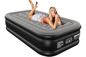 Ezyrest Twin Air Mattress Twin with Built in Pump 16" Double Height Inflatable Mattress with Soft Flocked Top & Carry Bag Adjustable Blow Up Mattress Portable Air Bed for Guest Indoor Travel-Black