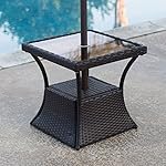 Patio Square Side Table with Glass Top and Umbrella Hole Made with All Weather Wicker and Steel in Hammered Matte Black 20L x 20W x 20H in.