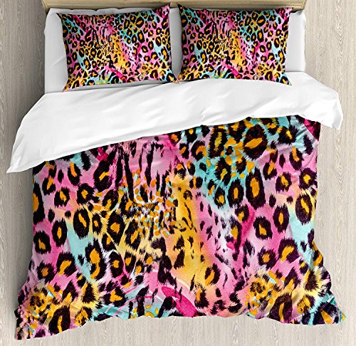 4 Piece King Size Duvet Cover Set,Leopard Print Mottled Exotic Panthera Skinful Camouflage Safari,Bedding Set Luxury Bedspreadï¼ˆFlat Sheet Quilt and 2 Pillow Cases for Kids/Adults/Teens/Childrens