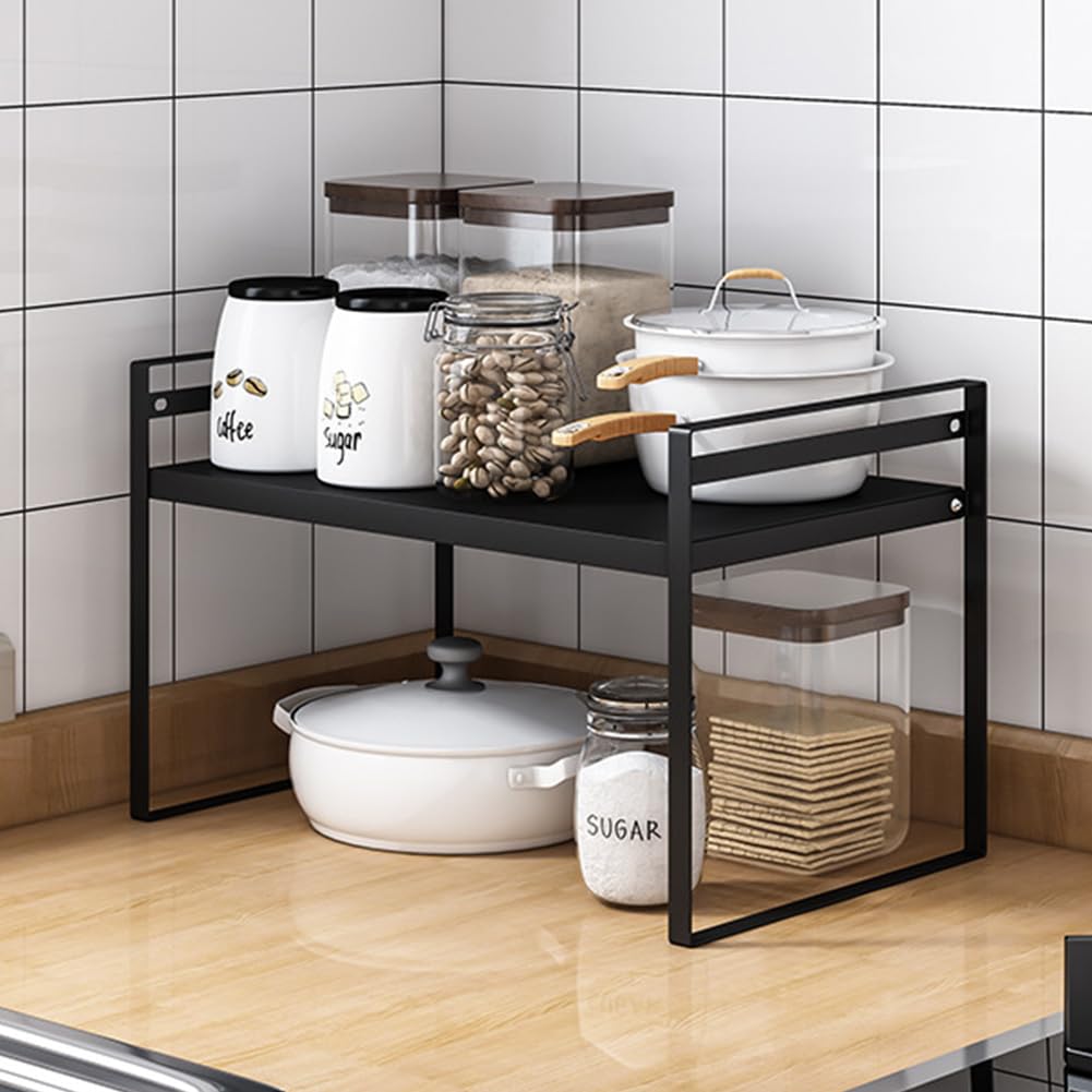 Sayudar Kitchen Cupboard Shelf Organiser, Extendable Cabinet Storage Shelf Stand Spice Rack, Multi-Function Space Saver Plate Organiser for Kitchen Countertop, Pantry, Cabinet, Fridge（Black） — image 1
