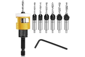 BURTOK 8PCS Countersink Drill Bit Set with Low Friction Depth Stop, Replaceable HSS Pilot Drill, Multi-Size Bits, 1/4" Hex Shank, Precision Woodworking Tool for Wood
