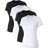 Coume 4 Pack Women's Compression Shirts Short Sleeve Workout Tops Running Athletic Yoga T-Shirt for Gym Sports Gear Quick Dry