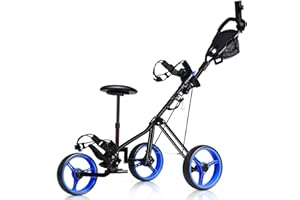 MEDIMALL Mayjooy 3 Wheel Golf Push Cart, Folding Golf Trolley w/Removable Stool, Adjustable Handle & Umbrella Holder, Lightweight Golf Push Cart w/Foot Brake, Cup Holder & Scoreboard Bag (Navy)