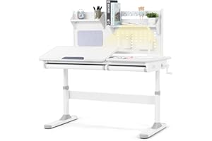 COSVALVE Children's Study Desk and Chair Set, Adjustable School Writing Table for Girls, Featuring a Spacious Writing Board, LED Table Light, Pull-Out Drawer, Pencil Case, and Bookstand (Grey-1)