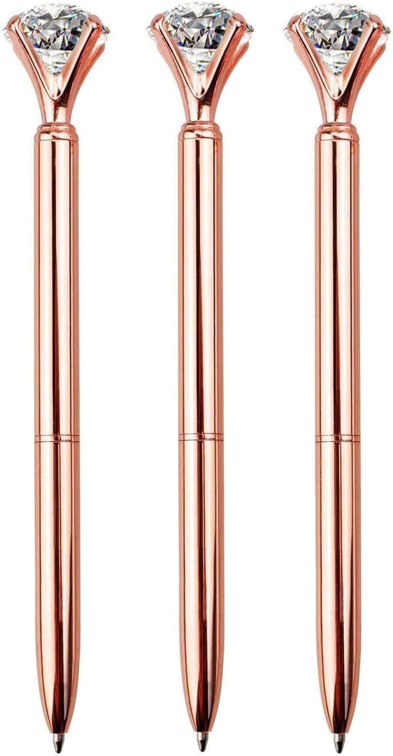 LONGKEY 3PCS Diamond Pens Big Crystal Diamond Ballpoint Pen Bling Metal Ballpoint Pen Offices and Schools (3 Rose Gold)
