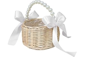 CARMELIT Flower Girl Basket with Pearl Handle Wedding Flower Basket Cute Rattan Wicker Basket with White Ribbon Wicker Storage Basket Decorative Baskets for Home Decor