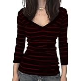 Y2K Striped Slim Fit Shirt Women Long Sleeve Color Block Vintage Aesthetic Tee Grunge Gothic Streetwear T-Shirt