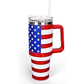 Whaline 40oz 4th of July Patriotic Tumbler with Handle Straw and Lid Red Blue Stars Stripes USA Flag Travel Tumbler Independence Day Coffee Cup for Holiday Birthday Party Favors