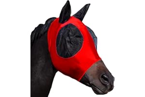 HUAME Horse Fly Mask with Ears, Comfortable Fit Stretch Fabric with UV Protection Soft on Skin Breathability for Small/Medium Size Horses (Red)