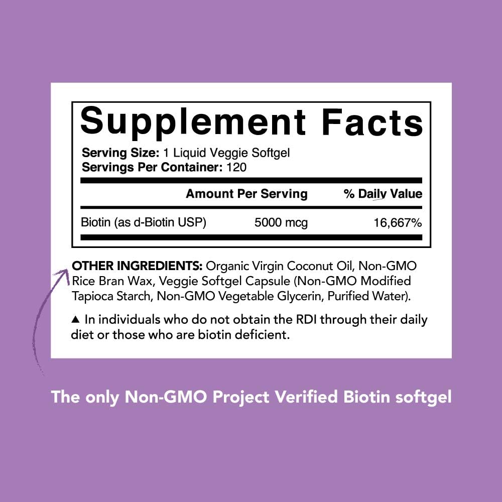 Biotin (5,000mcg) with Coconut Oil | Supports Healthy Hair, Skin & Nails in Biotin deficient Individuals | Non-GMO Verified & Vegan Certified (120 Veggie-Softgels): Health & Personal Care